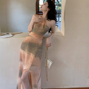Neck Print Sling Dress Spring Summer 2024 New Women's Chiffon Open Fork Back Holiday Dress